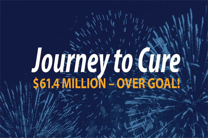 A graphic with fireworks and text celebrating Journey to Cure $61.4 million over goal!