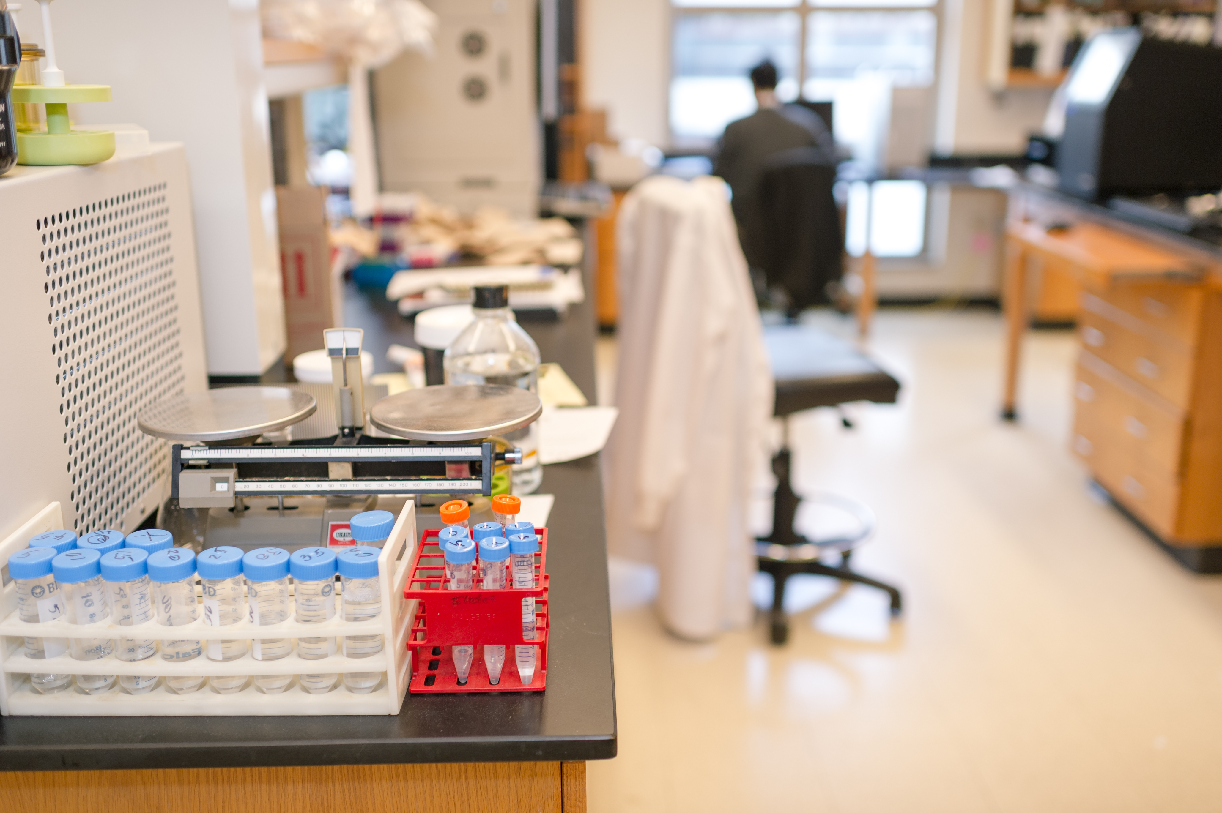 A rheumatology research lab with vials and a scale, where investigators search for ways to cure rheumatic diseases.